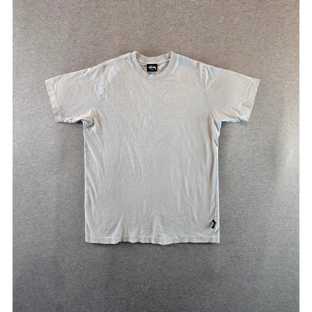 Stussy T-Shirt Mens Small Blue Grey Distressed Paint Splatter Crew Neck
